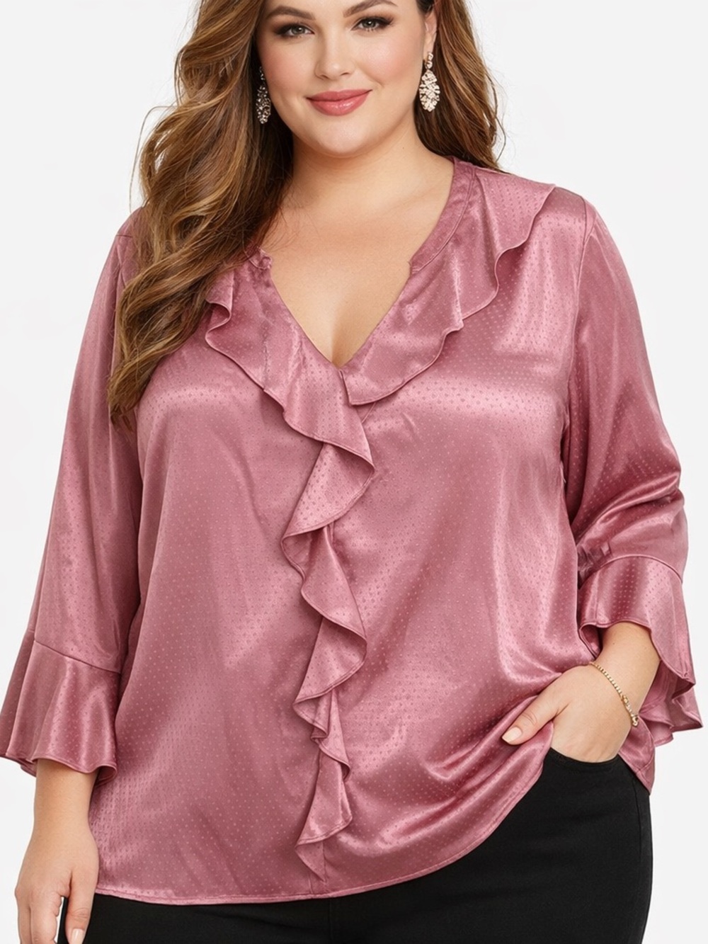 NWT Women’s Plus Investments Pink Ruffle Front Tunic Blouse 3/4 Sleeves 2X